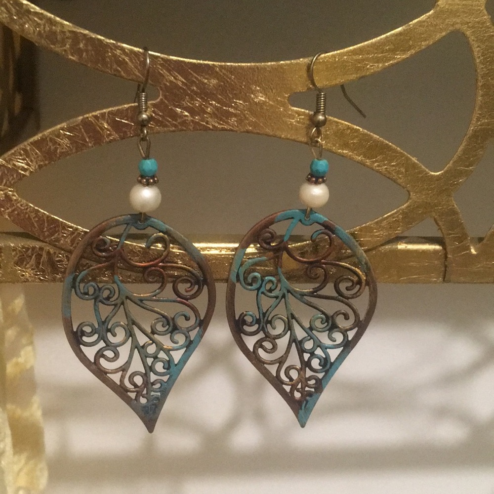 Copper Turquoise Large Lightweight Leaf Earrings - image 5
